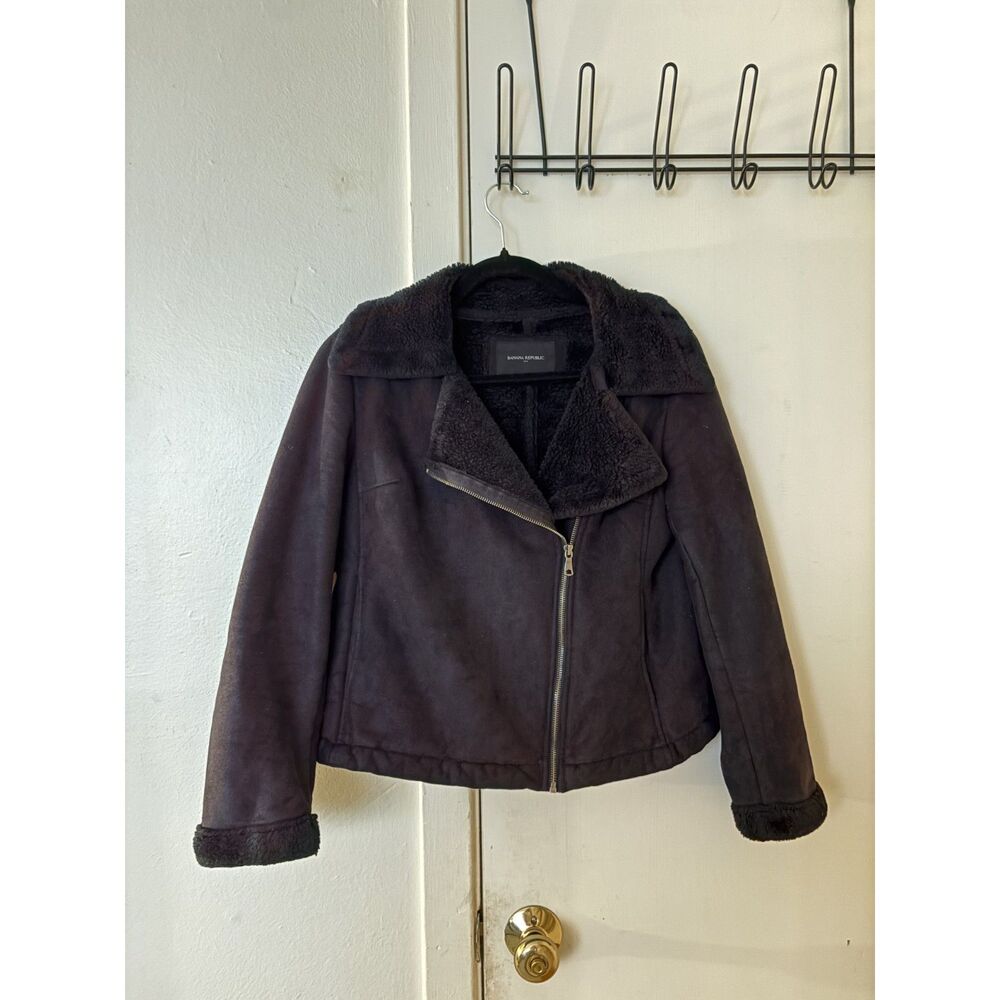 Banana Republic Black Faux Shearling Moto Jacket Zip Biker Style Women's XS